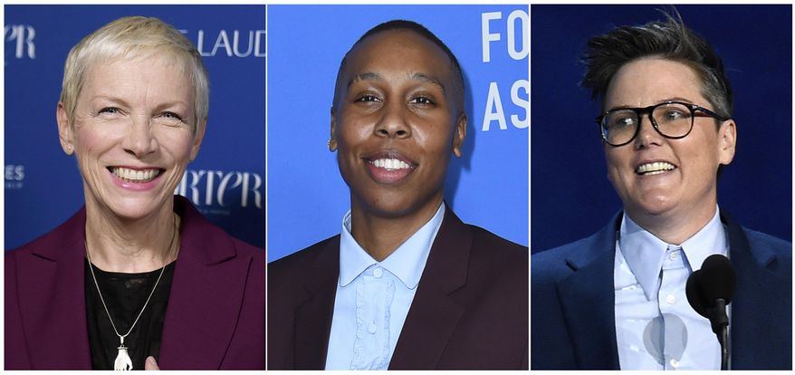 This combination photo shows Annie Lennox at Porter&#39;s 3rd Annual Incredible Women Gala in Los Angeles on Oct. 9, 2018, left, Lena Waithe  at the Hollywood Foreign Press Association Grants Banquet in Beverly Hills on Aug. 9, 2018, center, and Hannah Gadsby at the 70th Primetime Emmy Awards in Los Angeles on Sept. 17, 2018. The three are headlining a movie academy lunch celebrating a new initiative to advance the careers of female filmmakers. (Photo by Chris Pizzello/Invision/AP)