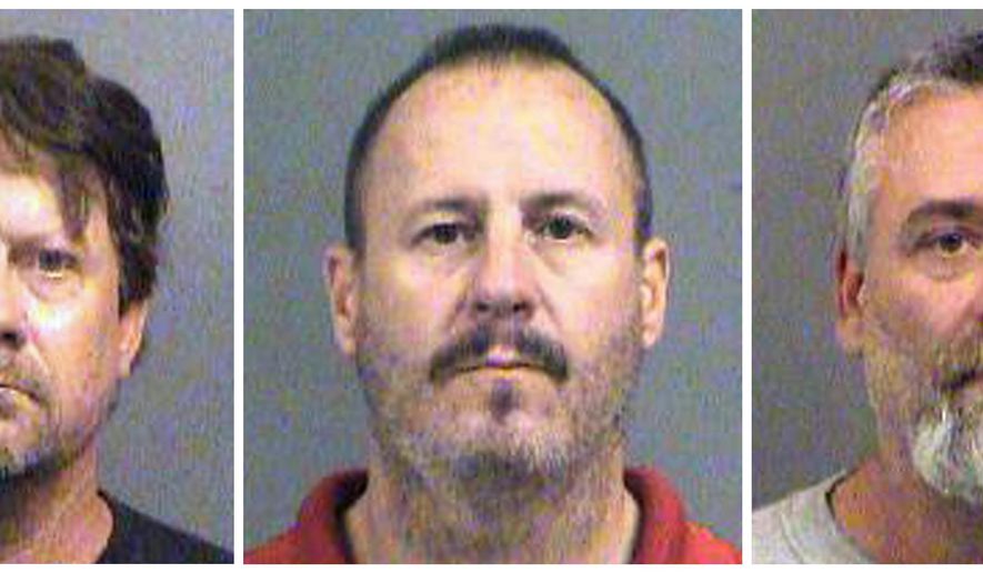 FILE - This combination of Oct. 14, 2016, file booking photos provided by the Sedgwick County Sheriff&#x27;s Office in Wichita, Kan., shows from left, Patrick Stein, Curtis Allen and Gavin Wright, three members of a Kansas militia group who were charged with plotting to bomb an apartment building filled with Somali immigrants in Garden City, Kan. Attorneys for the three men have asked the court to take into account what they called President Donald Trump&#x27;s violent rhetoric as it considers sentencing in November 2018. (Sedgwick County Sheriff&#x27;s Office via AP, File)