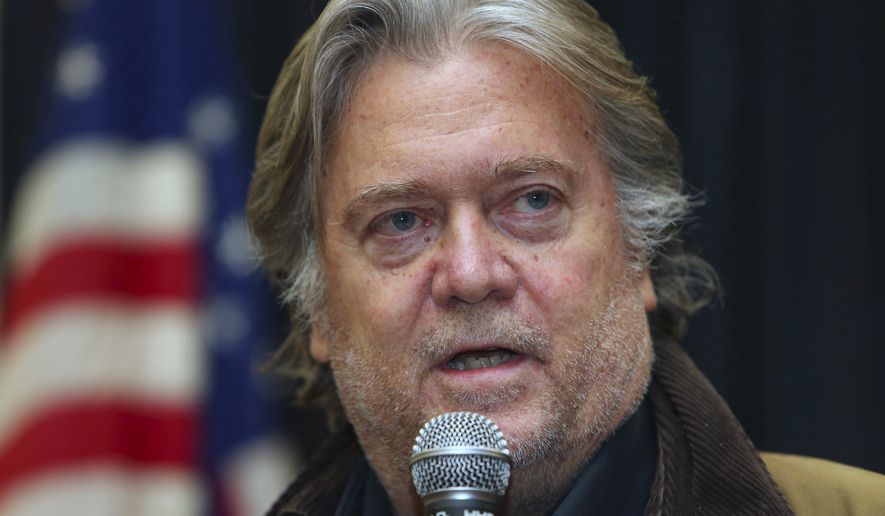 In this Oct. 24, 2018, file photo, former White House strategist Steve Bannon speaks during the Red Tide Rising Rally supporting Republican candidates, in Elma, N.Y.(AP Photo/Jeffrey T. Barnes, File)