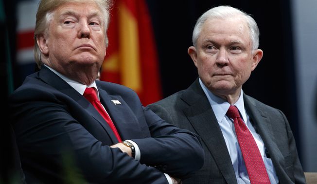 In this Dec. 15, 2017 file photo, President Donald Trump, left, appears with Attorney General Jeff Sessions during the FBI National Academy graduation ceremony in Quantico, Va. Trump, an ardent supporter of capital punishment, recently called for the death penalty for the man accused of killing 11 people in a Pittsburgh synagogue and Sessions has so far approved at least a dozen death penalty prosecutions over the past two years, according to court filings tracked by the Federal Death Penalty Resource Counsel, with cases ranging from the high profile to the relatively obscure. (AP Photo/Evan Vucci, File)
