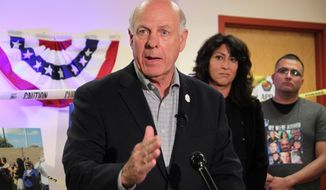 U.S. Congressman and Republican gubernatorial candidate Steve Pearce calls for cooperation across local, state and federal law enforcement agencies to address crime in New Mexico during a news conference in Albuquerque, N.M., on Tuesday, Oct. 30, 2018. Pearce, who has been endorsed by the Albuquerque police officers&#39; union and 21 sheriffs from around the state, proposed creating a task force that would be led by lieutenant governor candidate Michelle Garcia Holmes, who has worked 30 years as a commissioned officer. (AP Photo/Susan Montoya Bryan)