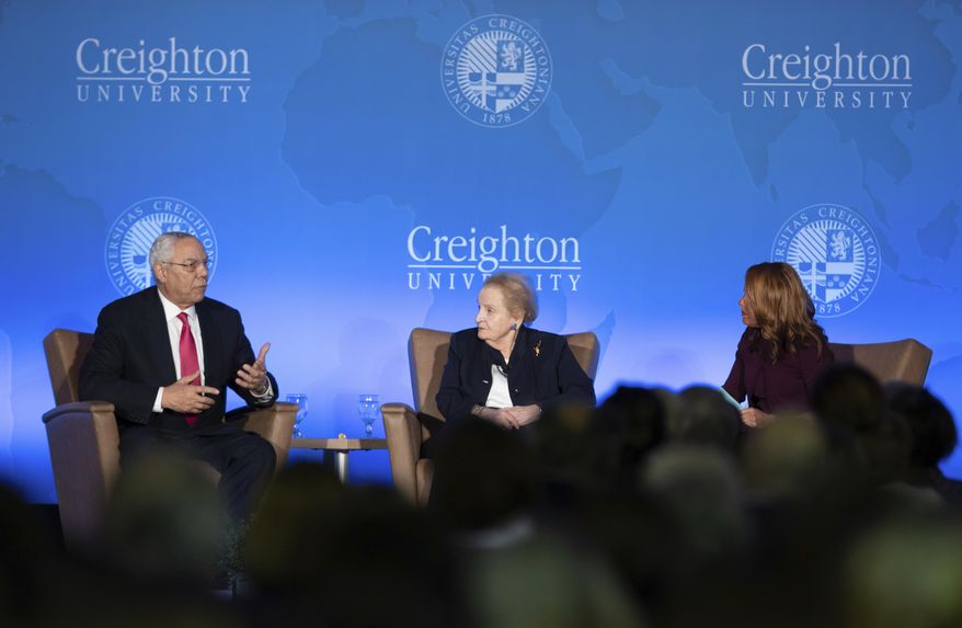 Former Secretaries of State Dr. Madeleine Albright and Gen. Colin Powell, USA (Ret.), left, are interviewed by CNN correspondent Suzanne Malveaux on Tuesday Oct 30, 2018, in Omaha, Neb. The two say they&#39;re horrified by the anger, tribalism and distortions that stain politics today.(Kent Sievers/The World-Herald via AP)
