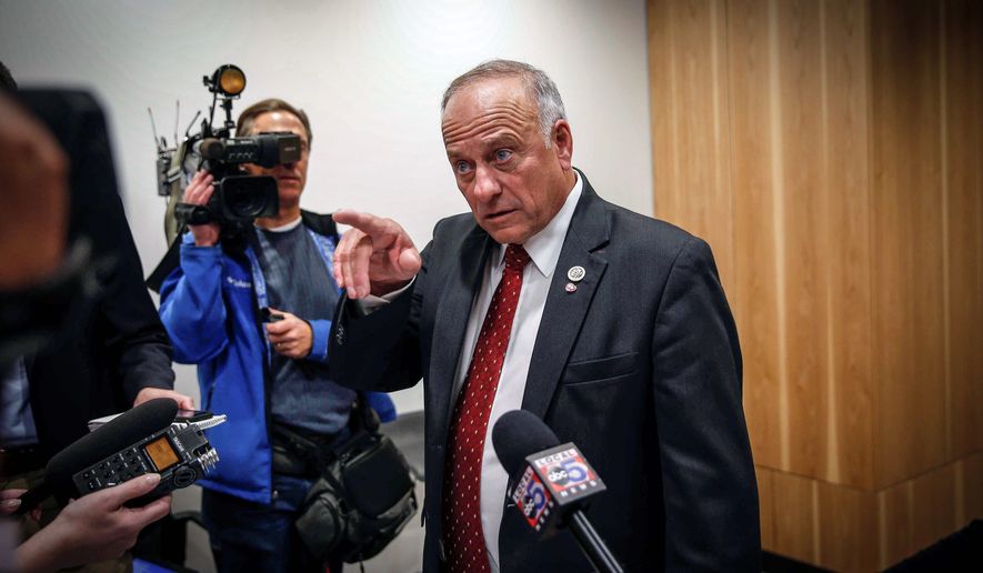 Congressman Steve King speaks to the media before his candidate forum at the Greater Des Moines Partnership office in Des Moines, Iowa, Thursday, Nov. 1, 2018. (Bryon Houlgrave/The Des Moines Register via AP)
