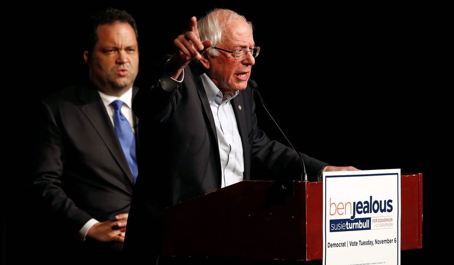 &quot;Let us be honest and clear: If there is a low voter turnout this election in Maryland, Larry Hogan will be re-elected,&quot; said Sen. Bernard Sanders, Vermont independent, in support of gubernatorial candidate Ben Jealous. (Associated Press)