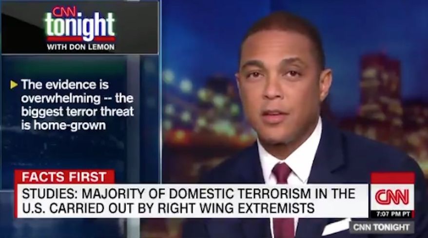 CNN anchor Don Lemon is doubling down on calling white men the "biggest terror threat" in America, claiming on his show Wednesday night that the "cold hard facts" back him up. (CNN) ** FILE **