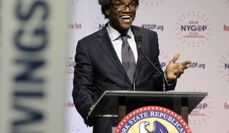 In this May 24, 2018 file photo, presumptive Republican candidate for attorney general Keith Wofford delivers remarks at the New York state Republican Convention in New York. Wofford, a New York City lawyer and political newcomer, is running for Attorney General against Democrat Letitia James in the 2018 mid-term elections on Tuesday, Nov. 6, 2018. (AP Photo/Richard Drew, File)