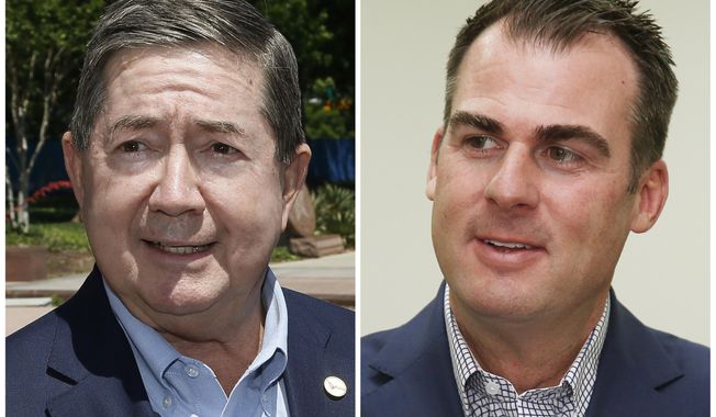FILE - This combination of file photos shows Oklahoma gubernatorial candidates in the November 2018 election from left, Democrat Drew Edmondson and Republican Kevin Stitt. (AP Photo/Sue Ogrtocki, File)
