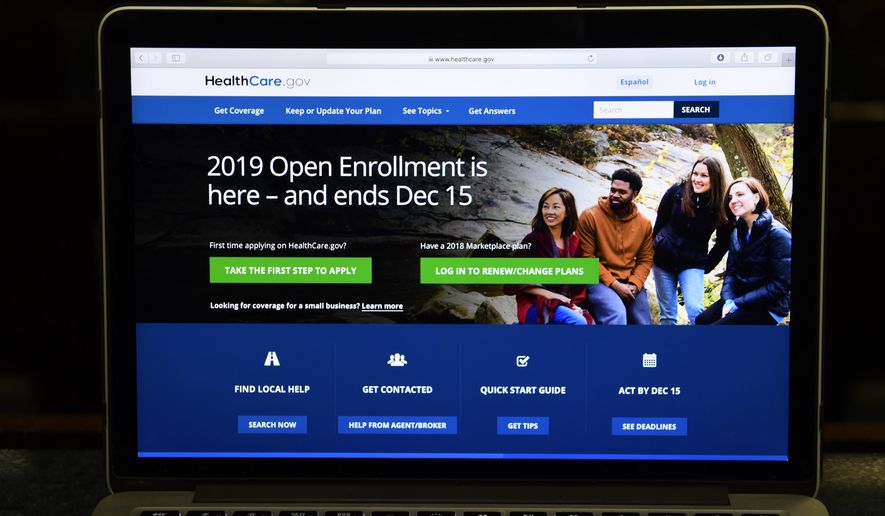 The federal website where consumers can sign up for health insurance under the Affordable Care Act is shown on a computer screen in Washington, Thursday, Nov. 1, 2018. (AP Photo/Susan Walsh)