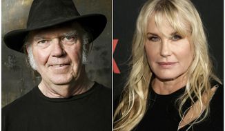 This combination photo shows Neil Young posing for a portrait in Calabasas, Calif. on May 18, 2016, left, and actress  Daryl Hannah at the Netflix &amp;quot;Sense8&amp;quot; Season 2 premiere in New York on April 26, 2017.  Young is calling Daryl Hannah his wife. The 72-year-old Rock and Roll Hall of Famer posted a new performance of his 1970 song “Ohio” on his website Wednesday and said that “My wife Daryl and I put this video together.” (AP Photo)