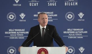 Turkey&#39;s President Recep Tayyip Erdogan addresses a defence technology development meeting, in Ankara, Turkey, Wednesday, Oct. 31, 2018. Turkey&#39;s state-run news agency says the Turkish military has shelled positions held by U.S.-backed Kurdish fighters across the border east of the Euphrates River in Syria, killing four Kurdish fighters and wounding six others. The attack came a day after Erdogan said Turkey has finalized plans for a &amp;quot;comprehensive and effective&amp;quot; operation to drive out Kurdish militia from the region.(Presidential Press Service via AP, Pool)