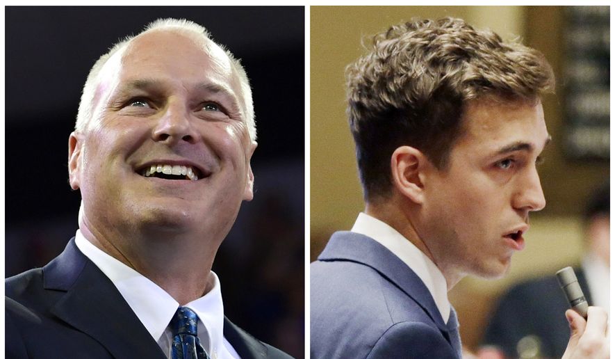 This combination of file photos shows candidates for Minnesota&#39;s 8th District Congressional seat in the November 2018 eletion from left, incumbent GOP Rep. Pete Stauber and Democrat Joe Radinovich. (AP Photo/File)