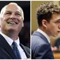 This combination of file photos shows candidates for Minnesota&#39;s 8th District Congressional seat in the November 2018 eletion from left, incumbent GOP Rep. Pete Stauber and Democrat Joe Radinovich. (AP Photo/File)