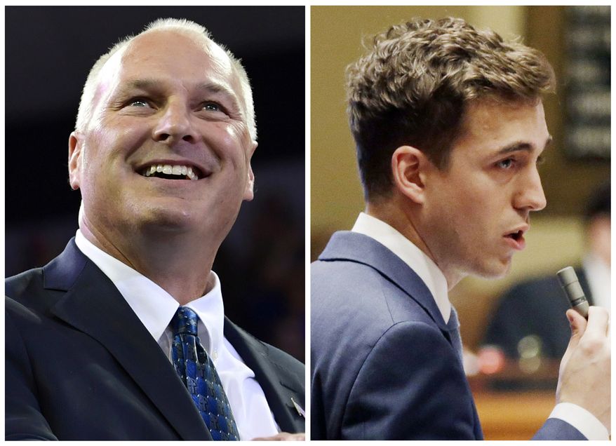 This combination of file photos shows candidates for Minnesota's 8th District Congressional seat in the November 2018 eletion from left, incumbent GOP Rep. Pete Stauber and Democrat Joe Radinovich. (AP Photo/File)
