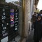 In this Oct. 2, 2018, file photo, an exchange shop displays rates for various currencies, in downtown Tehran, Iran. Iran is bracing for the restoration of U.S. sanctions on its vital oil industry set to take effect on Monday, Nov. 5, 2018, as it grapples with an economic crisis that has sparked sporadic protests over rising prices, corruption and unemployment. The oil sanctions will target the country’s largest source of revenue in the most punishing action taken since the Trump administration withdrew from the 2015 nuclear agreement in May. (AP Photo/Vahid Salemi, File)