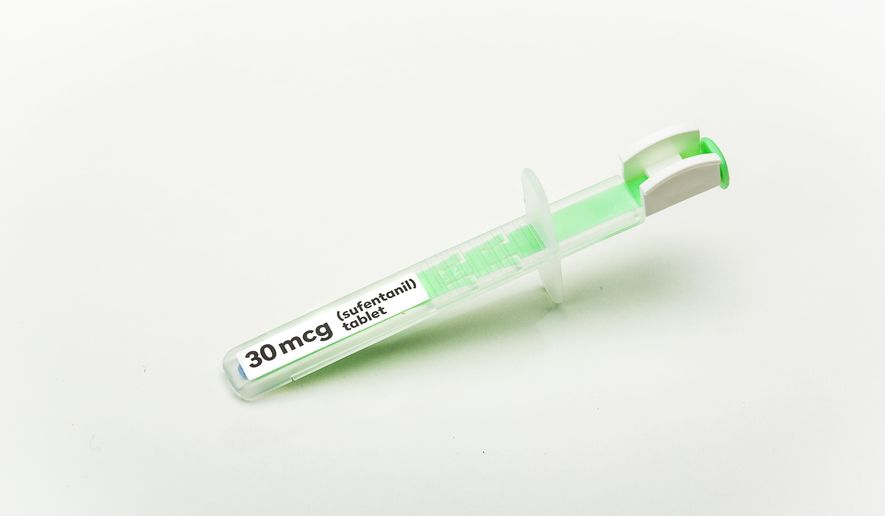 This undated image provided by AcelRx Pharmaceuticals shows the company's medication Dsuvia. On Friday, Nov. 2. 2018, U.S. regulators announced the approval of the fast-acting, super-potent opioid tablet as an alternative to IV painkillers used in hospitals. (Craig Sherod Photography/AcelRx Pharmaceuticals via AP)