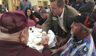 In this Oct. 25, 2018 photo, Virginia Senate candidate Corey Stewart speaks with members of the Virginia Deer Hunters Association in Chesterfield County, Va. Stewart started his U.S. Senate bid a last year as a longshot, promising to run a “vicious” and “ruthless” crusade his opponent in a style similar to President Donald Trump’s successful 2016 race.  With just days until Election Day, there’s little sign those Trump-like tactics have found purchase in an increasingly blue state.  (AP Photo/Alan Suderman)