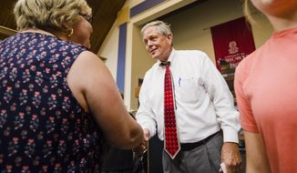 This Sept. 19, 2018 photo shows U.S. Rep. Ralph Norman (Rep), greeting Beth Abruzzino during an event in Sumter, SC. Norman is facing Democratic challenger Archie Parnell. Democrats will try to finally turn back decades of Republican gains in South Carolina as statewide offices _ all controlled by the GOP _ and U.S. House seats are all before voters in the general election. (Micah Green/The Sumpter Item via AP)