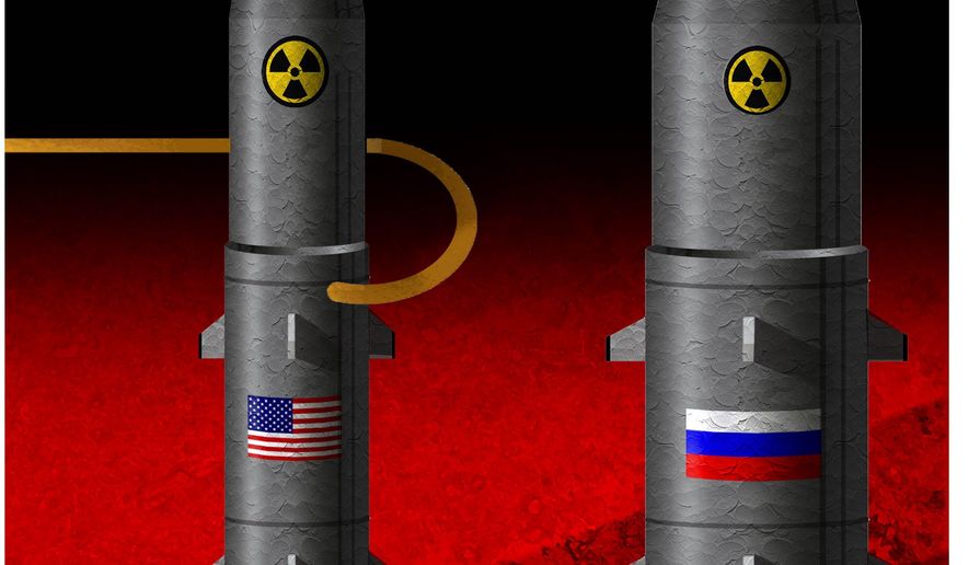 Illustration on the U.S. withdrawal from the INF treaty by Alexander Hunter/The Washington Times