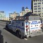In this Oct. 30, 2018 photo, an NYPD emergency service vehicle brings up the rear of a heavily armed federal law enforcement caravan carrying notorious Mexican drug lord Joaquin &amp;quot;El Chapo&amp;quot; Guzman back to a lower Manhattan jail following a pretrial hearing for his drug conspiracy case at a Brooklyn courthouse. Authorities have been closing the Brooklyn Bridge to traffic when it transports Guzman to and from court, causing logistical issues that have led them to consider alternatives for how to jail him during an upcoming trial that could last three months or longer. (AP Photo/Tom Hays)