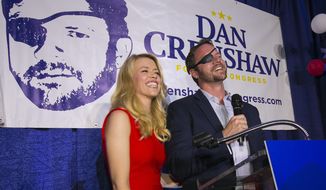 In this Tuesday, May 22, 2018, file photo, Republican congressional candidate Dan Crenshaw reacts to the crowd with his wife, Tara, as he comes on stage to deliver a victory speech during an election night party at the Cadillac Bar, in Houston. (Mark Mulligan/Houston Chronicle via AP) **FILE**