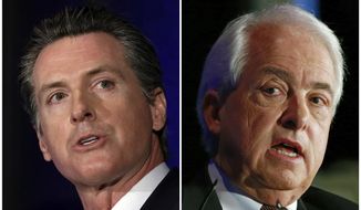 FILE - This combination of March 8, 2018 file photos shows California gubernatorial candidates, Lt. Gov. Gavin Newsom, left, a Democrat and John Cox, a Republican, in Sacramento, Calif. The candidates oppose each other on a variety of issues including health care, immigration and gasoline taxes. (AP Photos/Rich Pedroncelli, file)