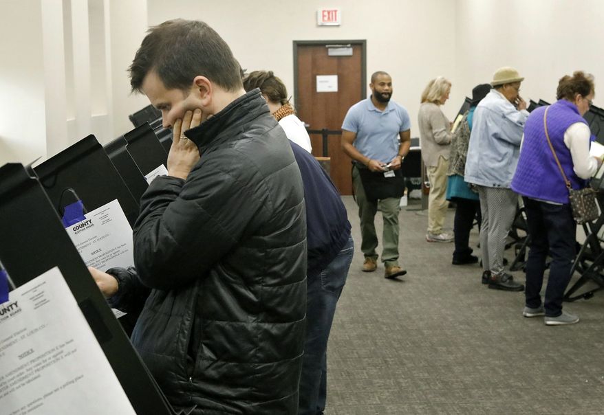 Andrew Shinn, from University City, votes during absentee voting on Monday, Nov. 5, 2018, at the St. Louis County Board of Elections in St. Ann, Mo. (J.B. Forbes/St. Louis Post-Dispatch via AP)