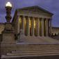 The U. S. Supreme Court building stands quietly before dawn in Washington, Friday, Oct. 5, 2018. The U.S. Senate will start the process of voting on Brett Kavanaugh&#39;s confirmation as a Supreme Court Associate Justice today. (AP Photo/J. David Ake)