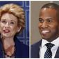 This combination of Oct. 15, 2018, file photos shows Michigan U.S. Senate candidates in the November 2018 election from left, incumbent Democratic Sen. Debbie Stabenow and Republican John James. (AP Photo/Carlos Osorio, File)