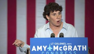 In this Oct. 12, 2018, photo, Democratic congressional candidate Amy McGrath speaks during a campaign event in Owingsville, Ky. (Associated Press) **FILE**
