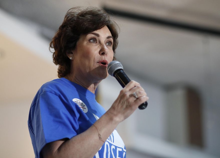 Rep. Jacky Rosen, D-Nev., and candidate for Senate, speaks at a rally at the culinary union hall Monday, Nov. 5, 2018, in Las Vegas. (AP Photo/John Locher)