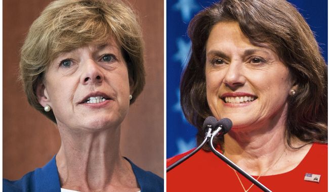 FILE - This combination of file photos shows Wisconsin U.S. Senate candidates in the November election from left, Democratic incumbent Sen. Tammy Baldwin and Republican Leah Vukmir. (Janesville Gazette/Milwaukee Journal-Sentinel via AP, File)