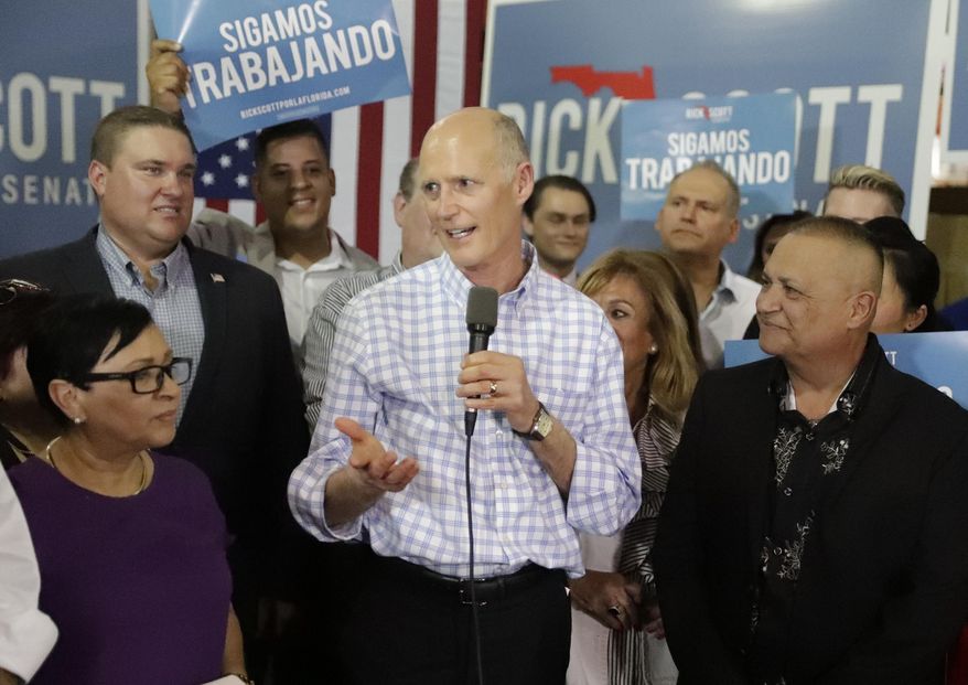 In this Sept. 18, 2018, file photo Florida Gov. Rick Scott, center, speaks at a campaign rally in Orlando, Fla. Scott is challenging three-term Democratic Sen. Bill Nelson. Florida will vote for governor, U.S. Senate, Cabinet seats, Congress and decide 12 ballot questions. (AP Photo/John Raoux, File)