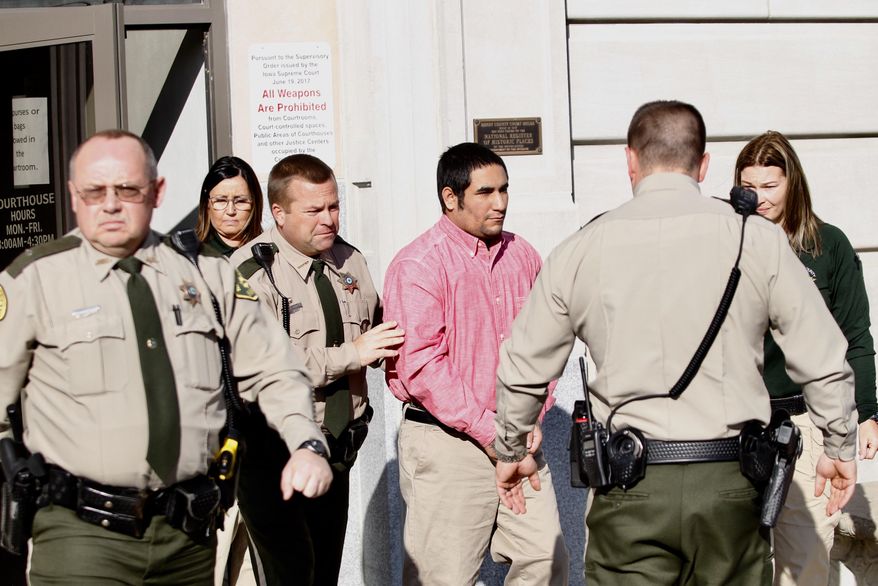 Zachary Koehn is lead out of the courthouse after he was convicted of first-degree murder on Tuesday, Nov. 6, 2018, in Mount Pleasant, Iowa. Koehn was convicted of first-degree murder in the death of his infant son who was found in a maggot-infested baby swing last year.(Jeff Reinitz/The Courier via AP)