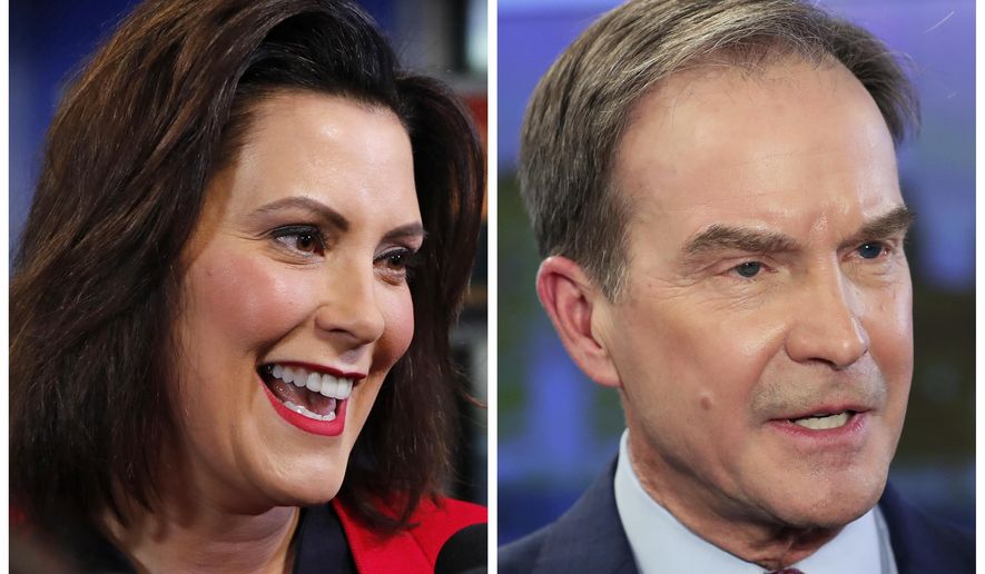 FILE - This combination of Oct. 24, 2018, file photos shows Michigan gubernatorial candidates in the November 2018 election from left, Democrat Gretchen Whitmer and Republican Attorney General Bill Schuette. (AP Photo/Carlos Osorio, File)
