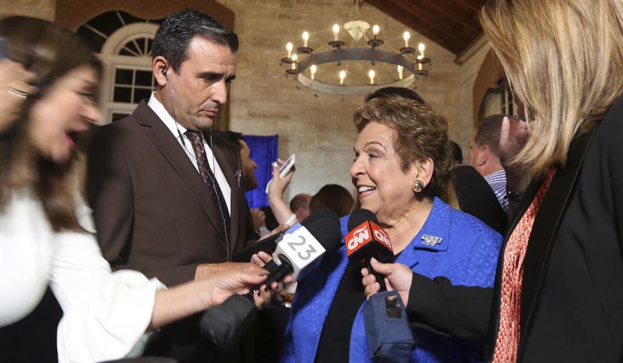 Congressional District 27 Democratic candidate Donna Shalala is interviewed following her victory over Republican television journalist Maria Elvira Salazar at the Coral Gables Woman&#x27;s Club, Tuesday, Nov., 6, 2018, in Coral Gables, Fla. (Emily Michot/Miami Herald via AP)