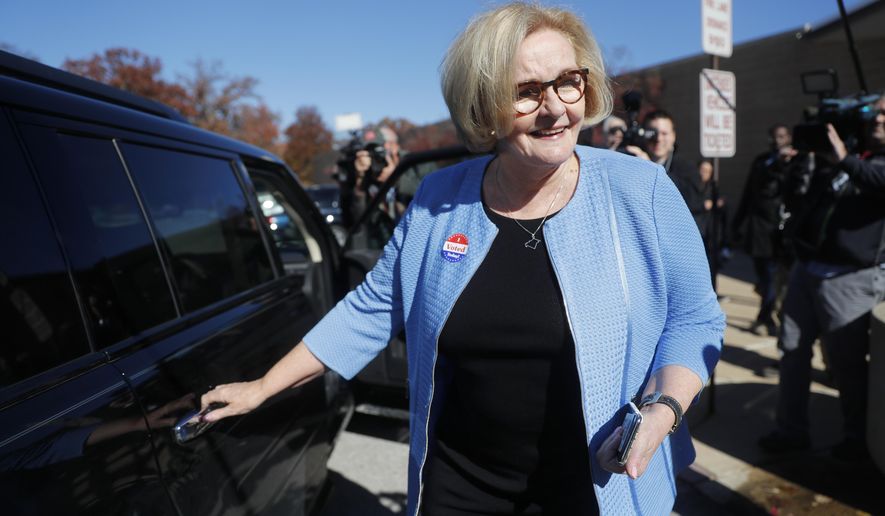 Incumbent Sen. Claire McCaskill, D-Mo., leaves her polling place after voting Tuesday, Nov. 6, 2018, in Kirkwood, Mo. (AP Photo/Jeff Roberson)