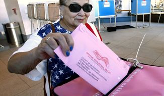 Yolanda Jimenez casts her mail-in ballot in at the voting center at the California Museum Monday, Nov. 5, 2018, in Sacramento, Calif. Voters will pick a new governor and weigh in on contests for the U.S. Senate, Congress, the state Legislature and ballot measures along with local candidates and issues. (AP Photo/Rich Pedroncelli)