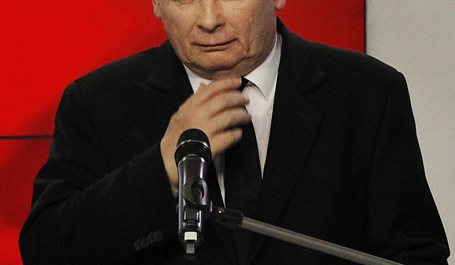 The leader of Poland's populist ruling party, Jaroslaw Kaczynski, hails its showing in local elections as an "all-out victory" despite the party's failure to win mayoral races in any of Poland's large cities, during a statement to the media at the party headquarters in Warsaw, Poland, Tuesday, Nov. 6, 2018.(AP Photo/Czarek Sokolowski)