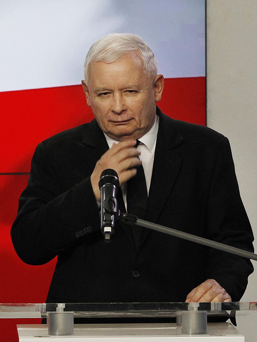 The leader of Poland's populist ruling party, Jaroslaw Kaczynski, hails its showing in local elections as an "all-out victory" despite the party's failure to win mayoral races in any of Poland's large cities, during a statement to the media at the party headquarters in Warsaw, Poland, Tuesday, Nov. 6, 2018.(AP Photo/Czarek Sokolowski)