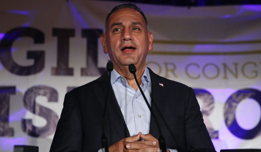 Democratic candidate for California&#x27;s 39th Congressional District, Gil Cisneros, speaks at an election night party Tuesday, Nov. 6, 2018, in Fullerton, Calif. (AP Photo/Jae C. Hong)