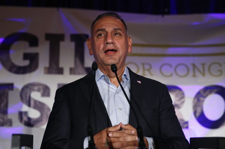 Democratic candidate for California&#x27;s 39th Congressional District, Gil Cisneros, speaks at an election night party Tuesday, Nov. 6, 2018, in Fullerton, Calif. (AP Photo/Jae C. Hong)