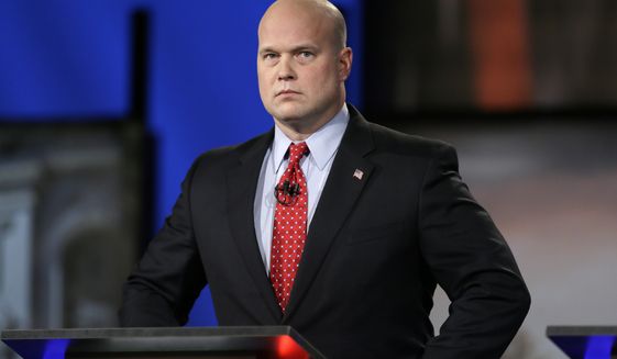 In this April 24, 2014, file photo, then-Iowa Republican senatorial candidate and former U.S. Attorney Matt Whitaker watches before a live televised debate in Johnston, Iowa. President Donald Trump announced in a tweet that he was naming Whitaker, as acting attorney general, after Attorney General Jeff Sessions was pushed out Nov. 7, 2018, as the country&#39;s chief law enforcement officer after enduring more than a year of blistering and personal attacks from Trump over his recusal from the Russia investigation. (AP Photo/Charlie Neibergall) **FILE**