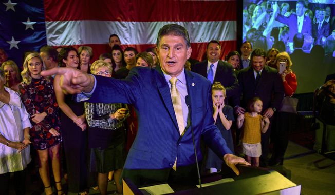 Sen. Joe Manchin, D-W.va., calls out to his supporters after he was re-elected Tuesday, Nov. 6, 2018, in Charleston, W.Va. (AP Photo/Tyler Evert)