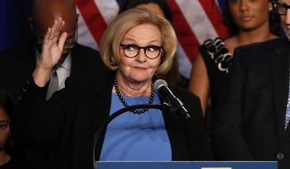 Sen. Claire McCaskill, D-Mo., delivers a concession speech Tuesday, Nov. 6, 2018, in St. Louis. McCaskill has conceded defeat to Republican challenger Josh Hawley in her bid for a third term. (AP Photo/Jeff Roberson)