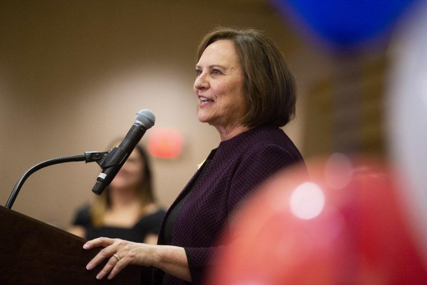 U.S. Sen. Deb Fischer, R-Neb., speaks during her election night party in Lincoln, Neb., Tuesday, Nov. 6, 2018. The incumbent Fischer defeated her Democratic challenger Jane Raybould. (Luke Franke/Lincoln Journal Star via AP)