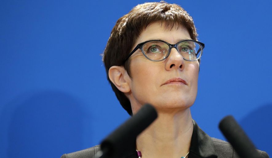 Annegret Kramp-Karrenbauer, General Secretary of the German Christian Democratic Union (CDU) party, addresses the media during a press conference in Berlin, Germany, Wednesday, Nov. 7, 2018. Kramp-Karrenbauer is one of the high-profile candidates vying to become leader of the center-right Christian Democratic Union. (AP Photo/Michael Sohn)