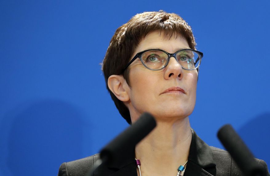 Annegret Kramp-Karrenbauer, General Secretary of the German Christian Democratic Union (CDU) party, addresses the media during a press conference in Berlin, Germany, Wednesday, Nov. 7, 2018. Kramp-Karrenbauer is one of the high-profile candidates vying to become leader of the center-right Christian Democratic Union. (AP Photo/Michael Sohn)