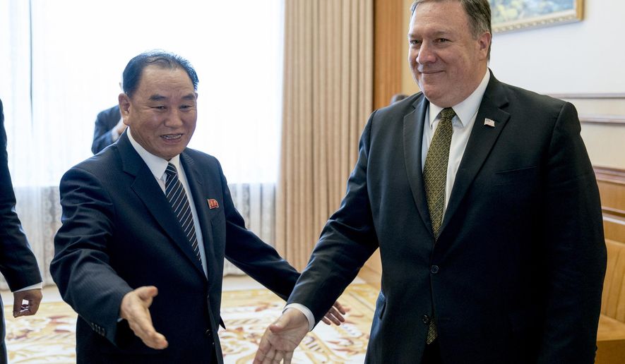In this July 7, 2018, photo, U.S. Secretary of State Mike Pompeo, right, and Kim Yong Chol, a North Korean senior ruling party official and former intelligence chief, arrive for a lunch at the Park Hwa Guest House in Pyongyang, North Korea. Kim Yong Chol, a senior North Korean envoy&#39;s meeting with U.S. Secretary of State Pompeo has been delayed, throwing already deadlocked diplomacy over the North&#39;s nuclear weapons into further uncertainty. (AP Photo/Andrew Harnik, Pool) **FILE**