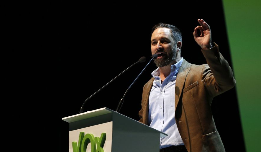 Santiago Abascal the national president of VOX delivers his speech during a rally of the fledging far-right party VOX in Madrid, Spain, Sunday, Oct. 7, 2018. Thousands of Spaniards have attended a rally of the fledging far-right party VOX as it tries to grab a foothold in Spain&#39;s political spectrum. (AP Photo/Manu Fernandez)