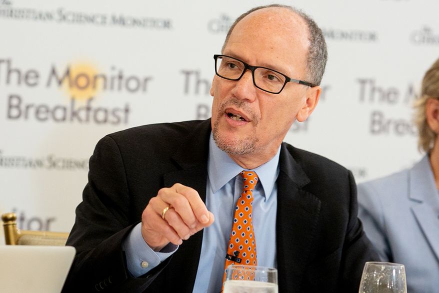 Democratic National Committee Chairman Tom Perez speaks at the Christian Science Monitor breakfast on Thursday, Nov. 8, 2018. (Courtesy of Michael Bonfigli/The Christian Science Monitor) **FILE**